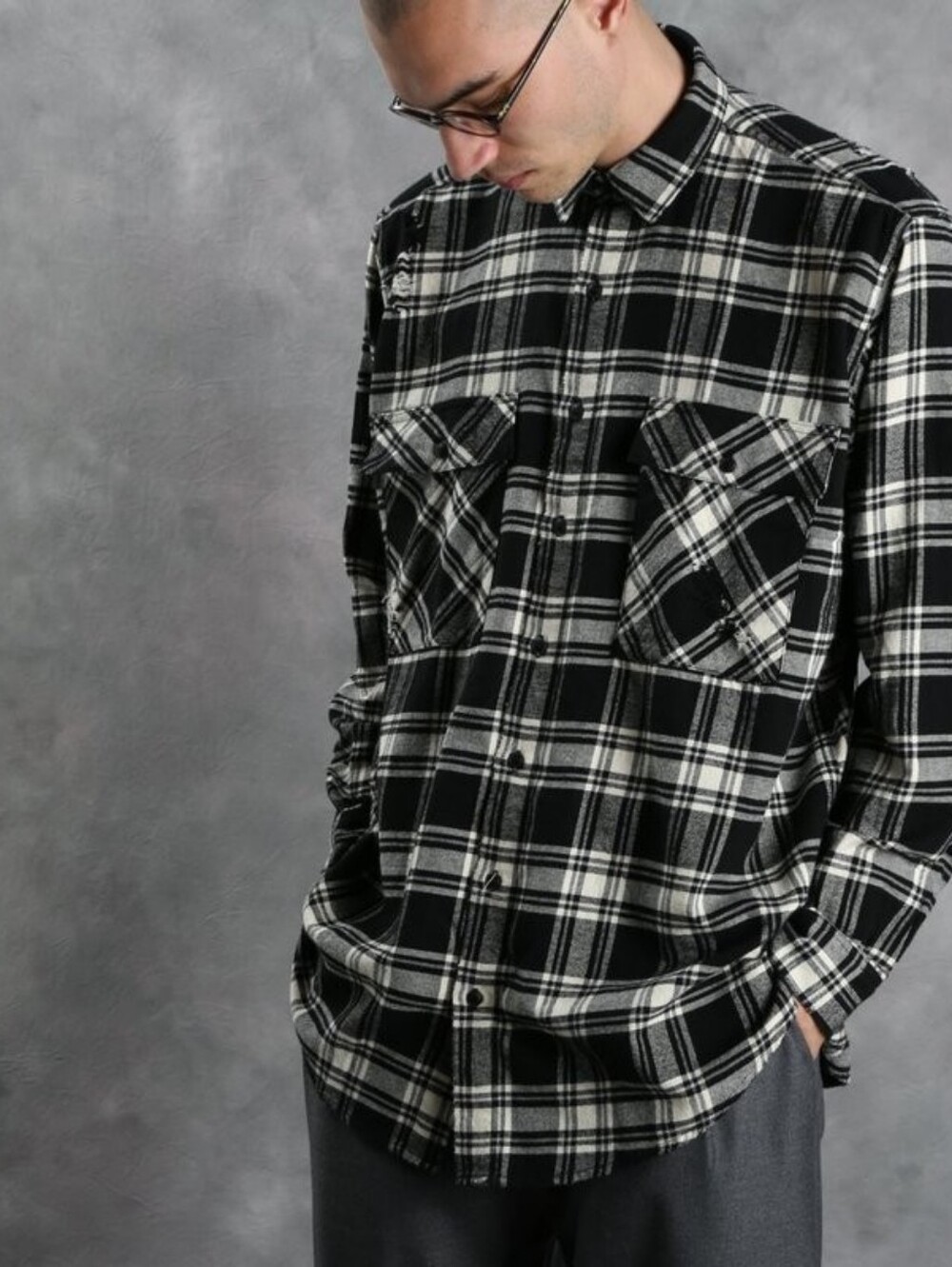Stampd Studios Templin Flannel Shirt w/ Intentional Distressing in Black & White